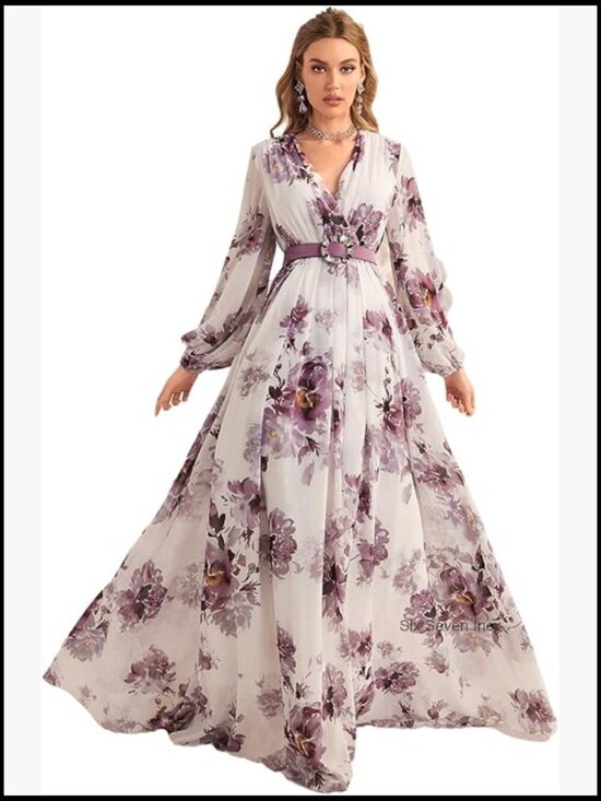 Dresses & Skirts - Polyester Maxi Dress Long Sleeve Floral Vintage Boho Casual